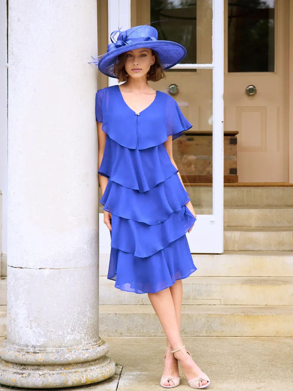 Elegant A-Line V-Neck Tiered Chiffon Knee Length Mother of the Bride Dress