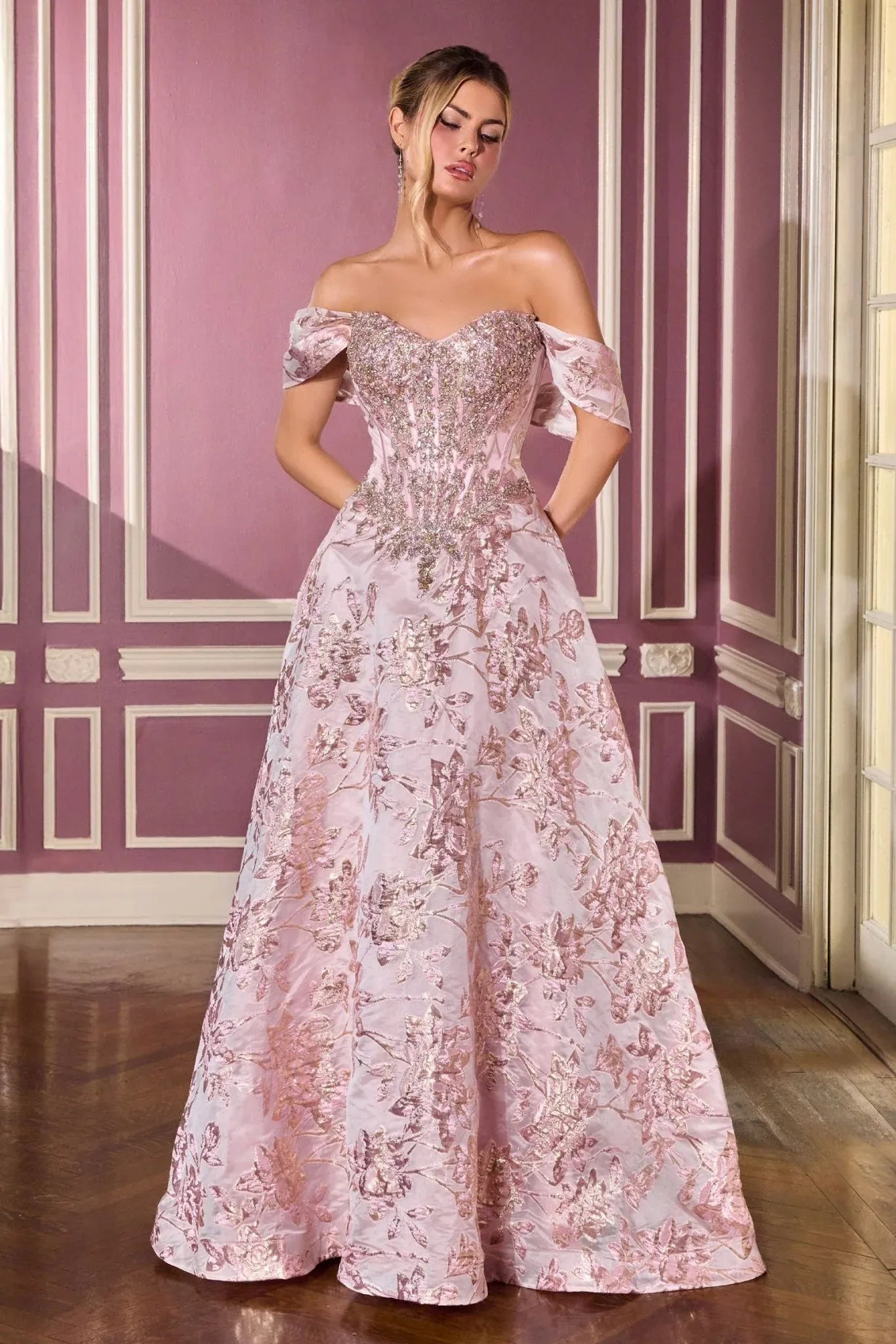 Elegant Ballgown Sweetheart Off-the-Shoulder Brocade Floor-Length Beaded Mother-of-the-Bride Gown