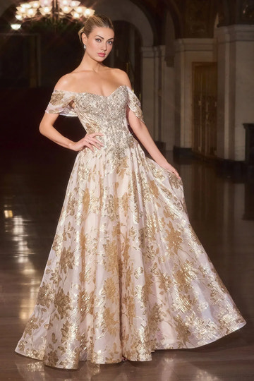Elegant Ballgown Sweetheart Off-the-Shoulder Brocade Floor-Length Beaded Mother-of-the-Bride Gown