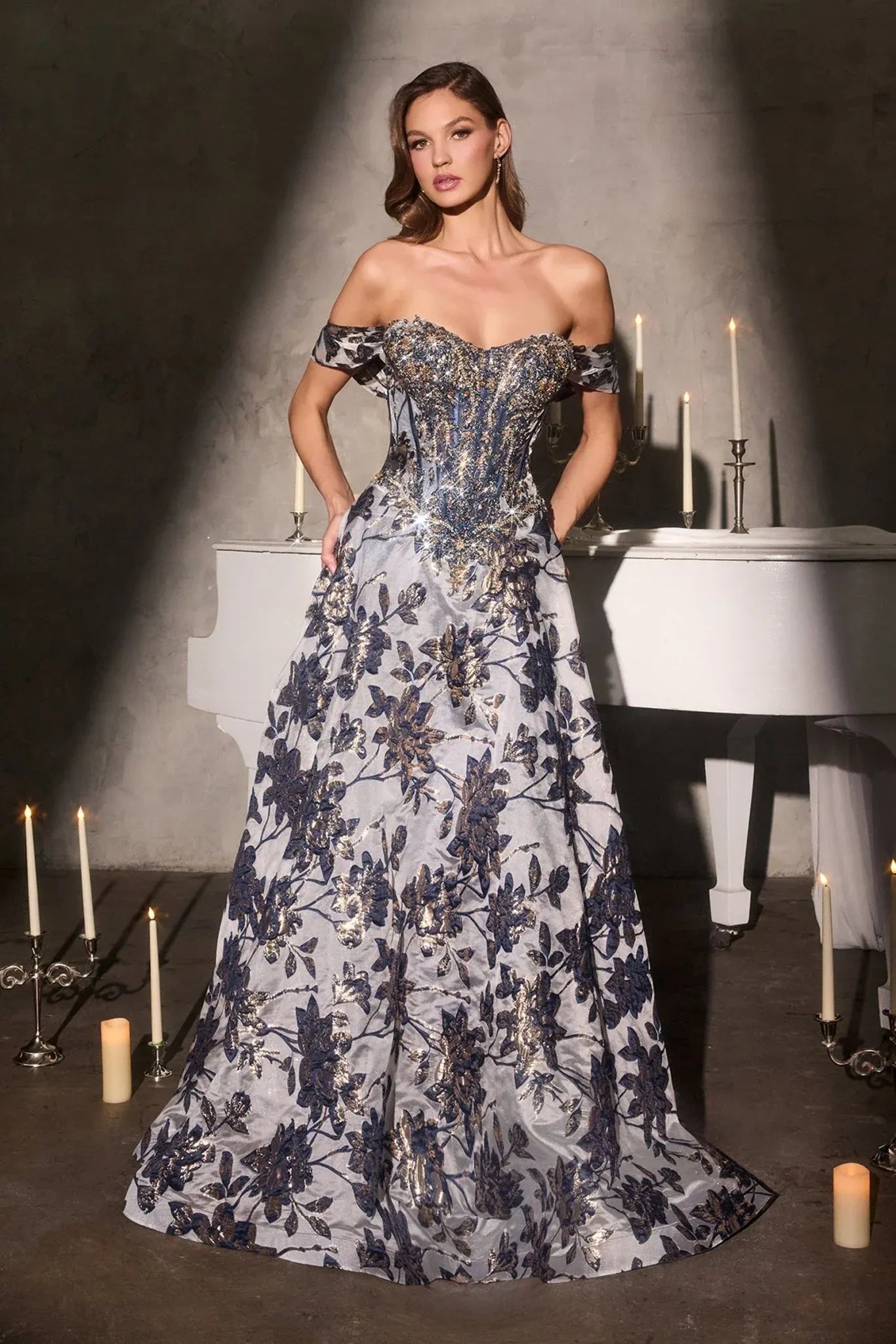 Elegant Ballgown Sweetheart Off-the-Shoulder Brocade Floor-Length Beaded Mother-of-the-Bride Gown