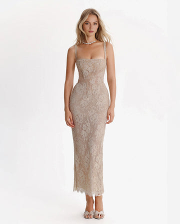 Elegant Bodycon Square Neck Spaghetti Strap Lace Midi Party Sequin Corset Cocktail Dress