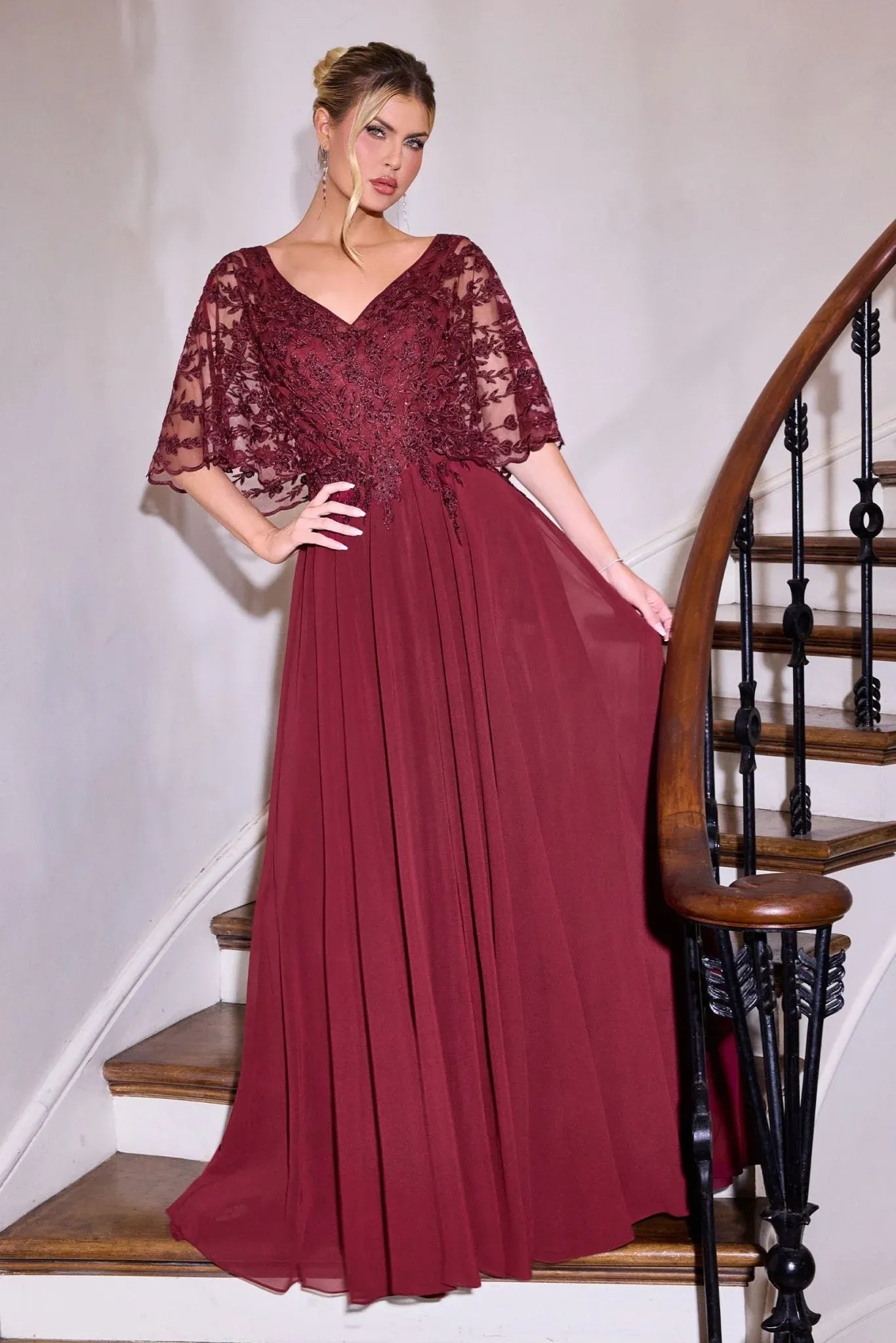 Elegant Cape Sleeve V Neck Chiffon Mother of the Bride Gown