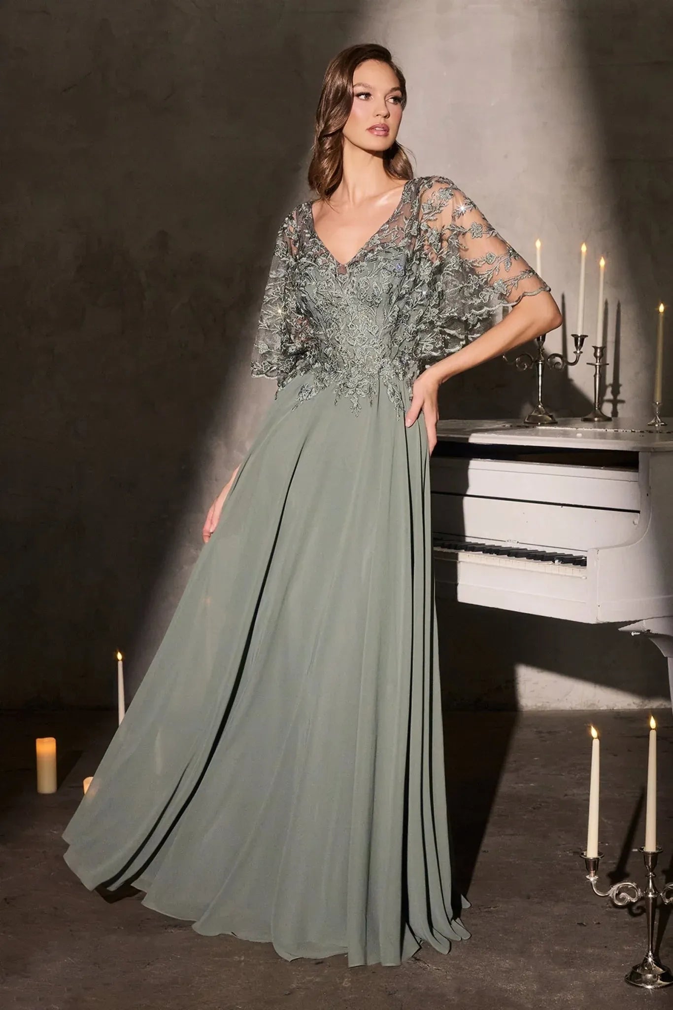 Elegant Cape Sleeve V Neck Chiffon Mother of the Bride Gown