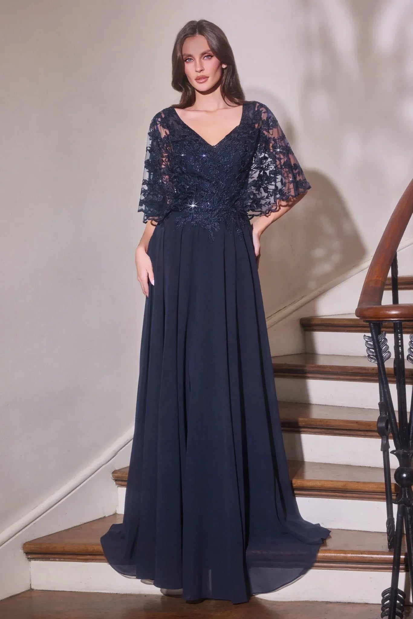 Elegant Cape Sleeve V Neck Chiffon Mother of the Bride Gown