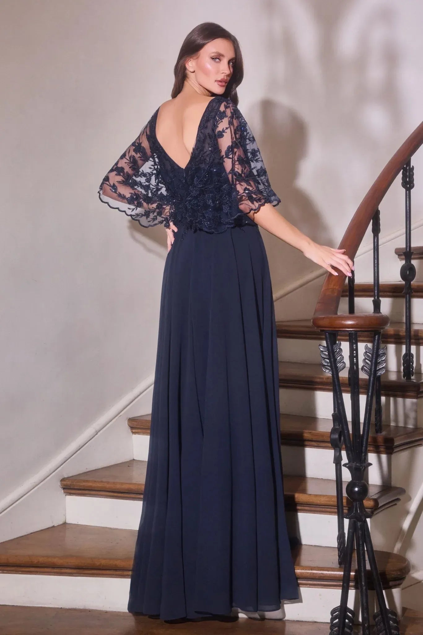 Elegant Cape Sleeve V Neck Chiffon Mother of the Bride Gown