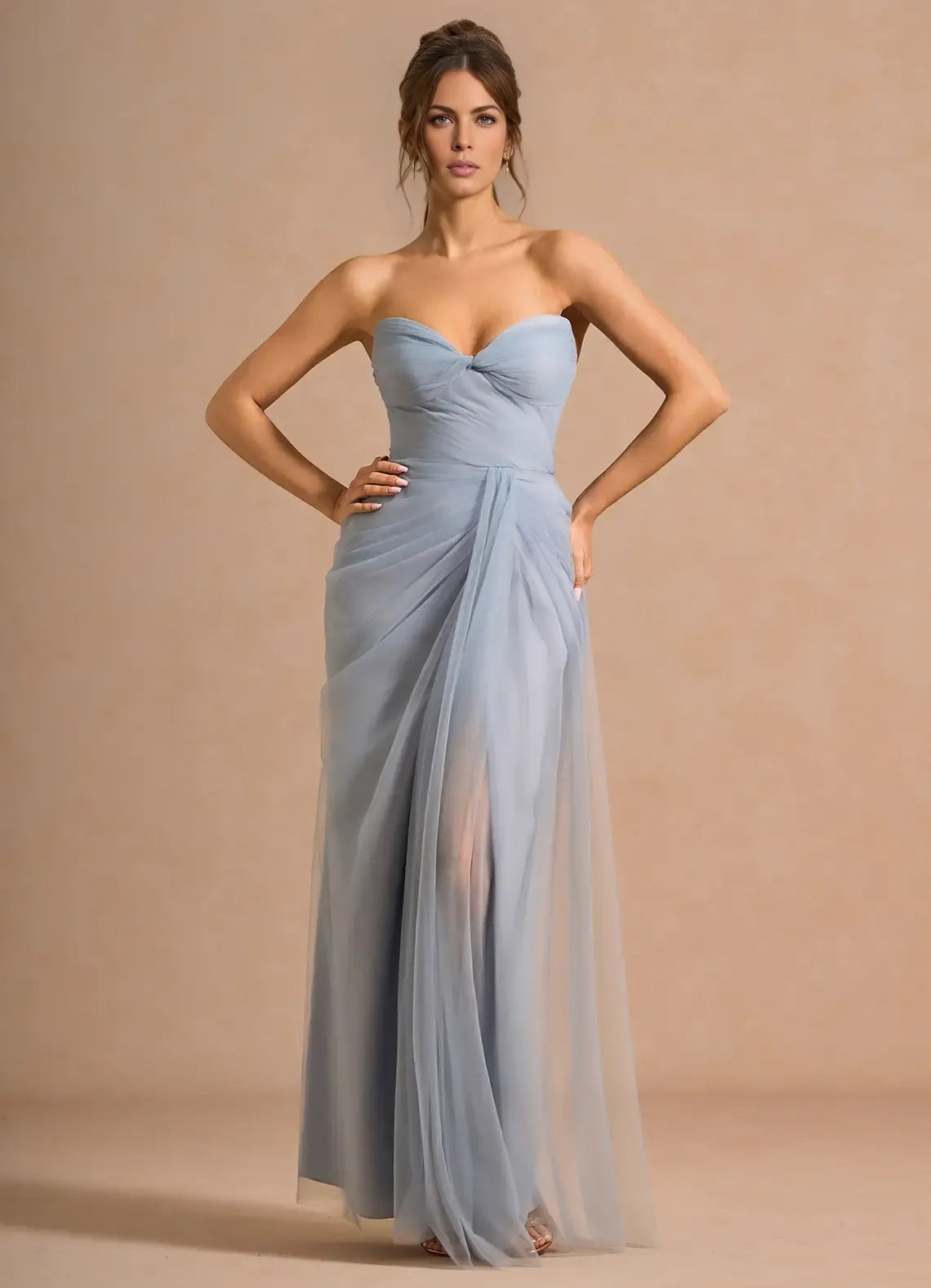 Elegant Column Sweetheart Sleeveless Tulle Maxi Convertible Ruched Slit Evening Gown