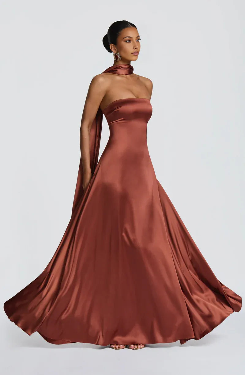 Elegant Fitted Strapless Satin Maxi Gown Evening Dress With Scarf