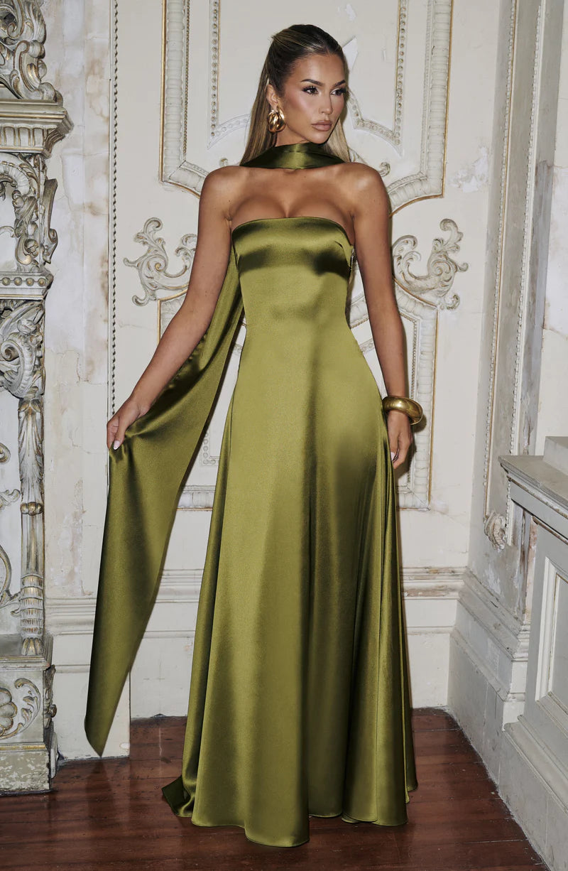 Elegant Fitted Strapless Satin Maxi Gown Evening Dress With Scarf