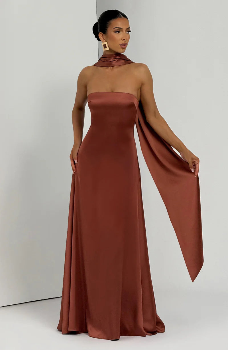 Elegant Fitted Strapless Satin Maxi Gown Evening Dress With Scarf