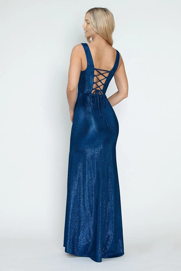 Elegant Form-Fitting Sweetheart Sleeveless Glitter Knit Floor-Length Keyhole Slit Lace-Up Evening Gown