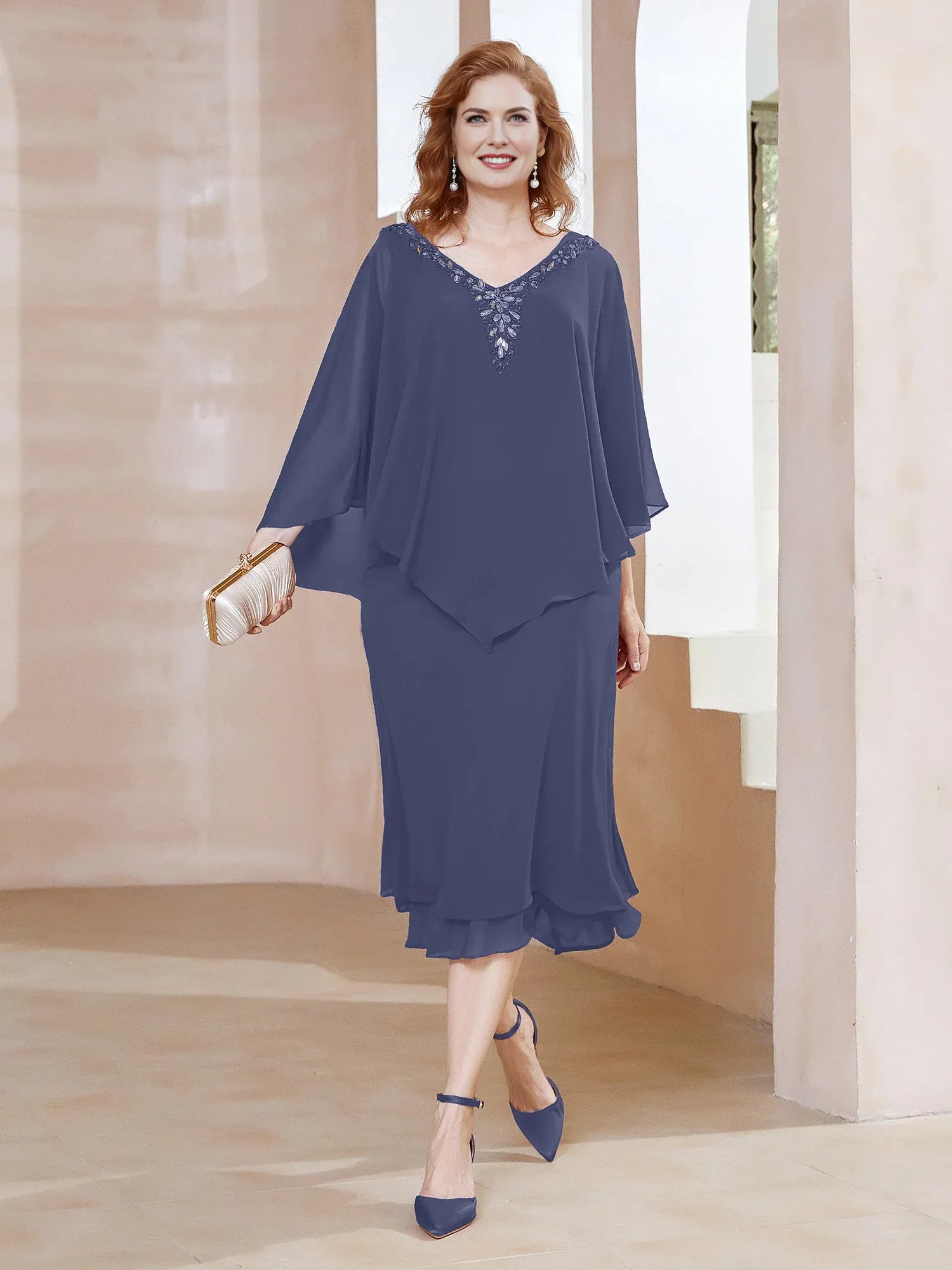 Elegant Loose V-Neck Cape-Sleeve Chiffon Midi Beaded Mother of the Bride Dress