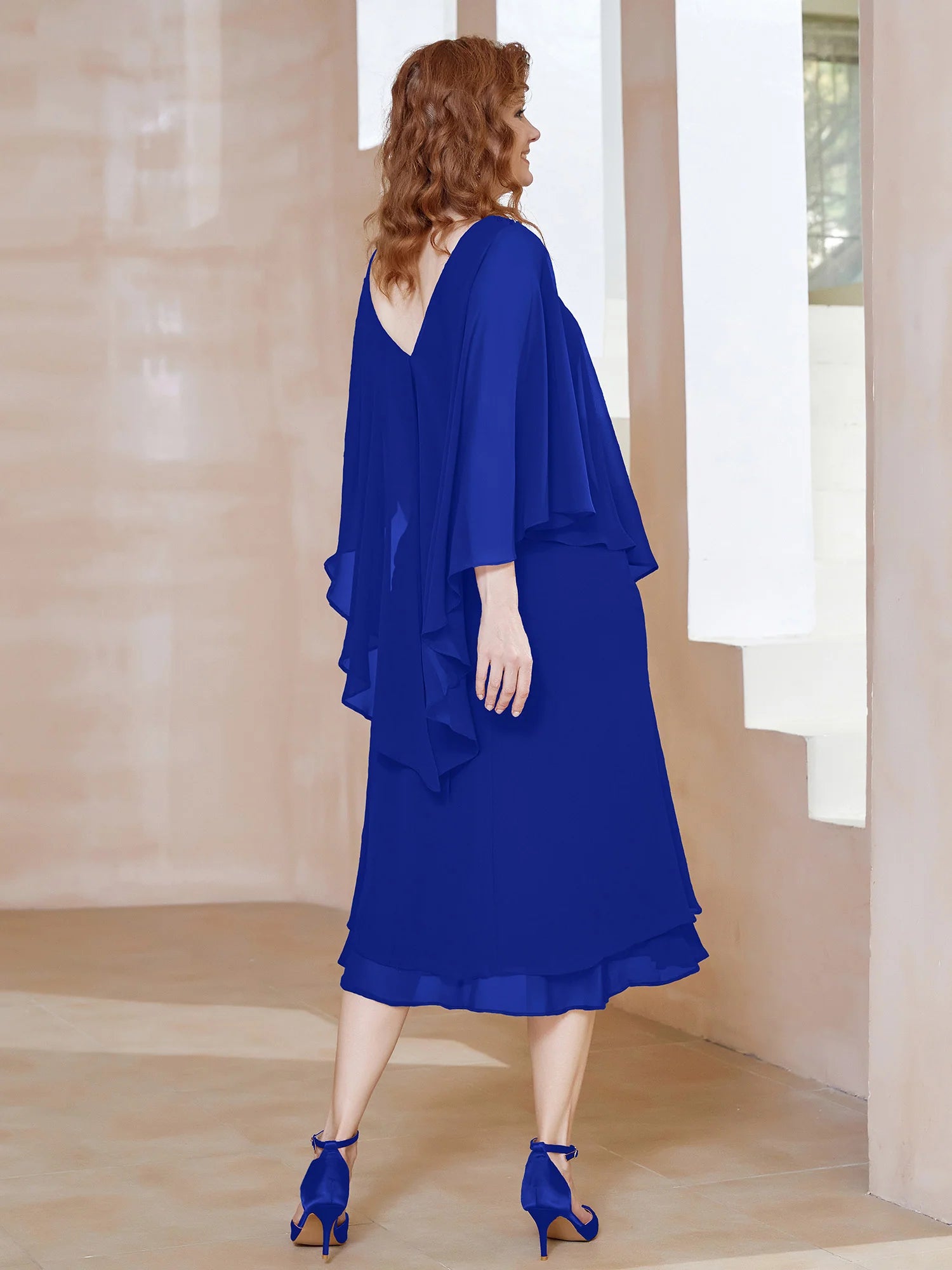 Elegant Loose V-Neck Cape-Sleeve Chiffon Midi Beaded Mother of the Bride Dress