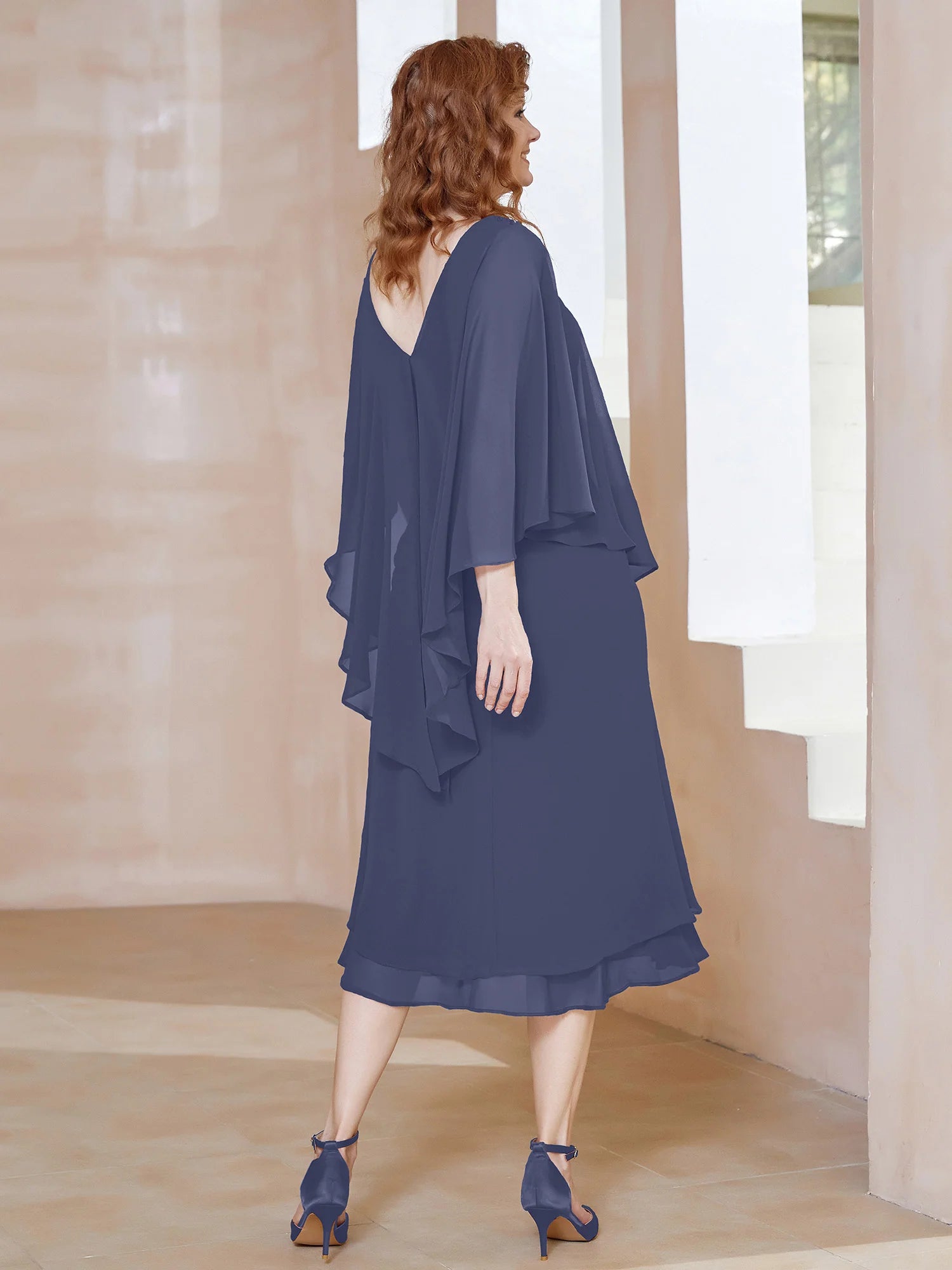 Elegant Loose V-Neck Cape-Sleeve Chiffon Midi Beaded Mother of the Bride Dress