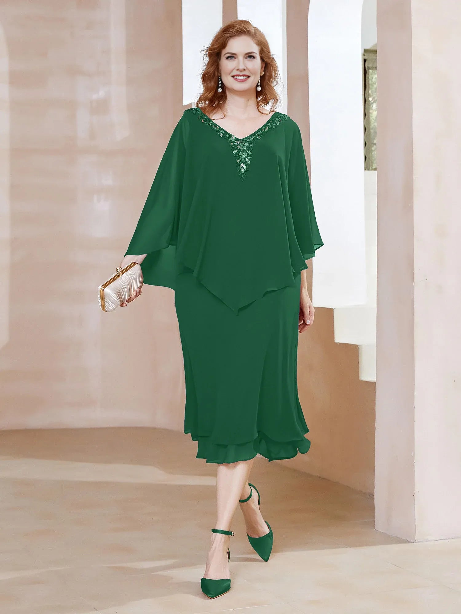Elegant Loose V-Neck Cape-Sleeve Chiffon Midi Beaded Mother of the Bride Dress