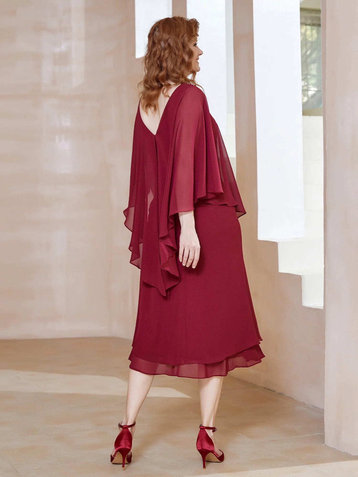 Elegant Loose V-Neck Cape-Sleeve Chiffon Midi Beaded Mother of the Bride Dress