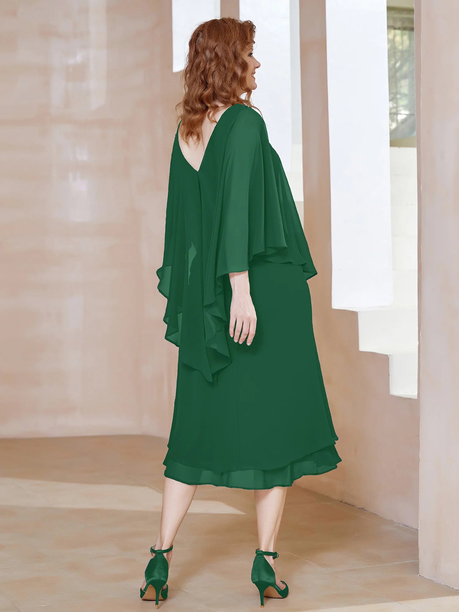 Elegant Loose V-Neck Cape-Sleeve Chiffon Midi Beaded Mother of the Bride Dress