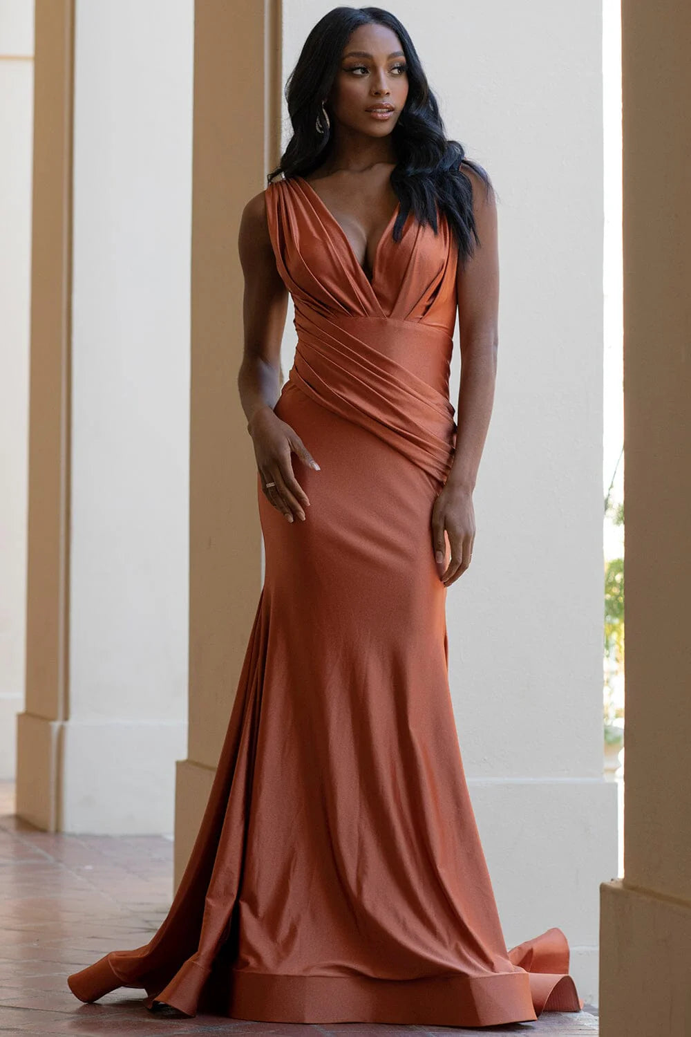 Elegant Mermaid Deep V-Neck Sleeveless Satin Floor-Length Ruched Waist Evening Gown