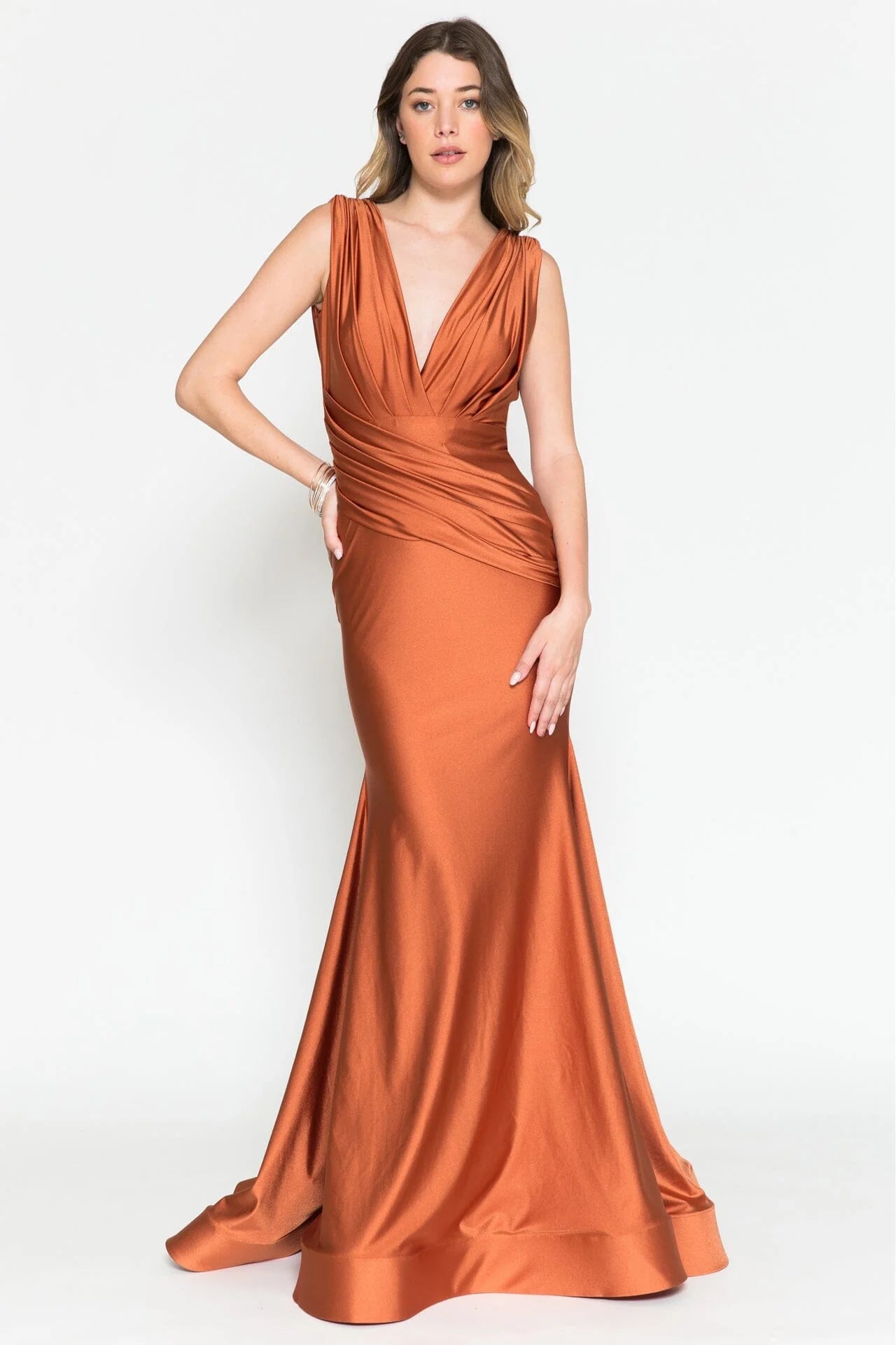 Elegant Mermaid Deep V-Neck Sleeveless Satin Floor-Length Ruched Waist Evening Gown