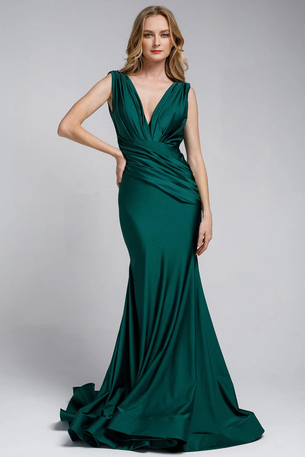 Elegant Mermaid Deep V-Neck Sleeveless Satin Floor-Length Ruched Waist Evening Gown