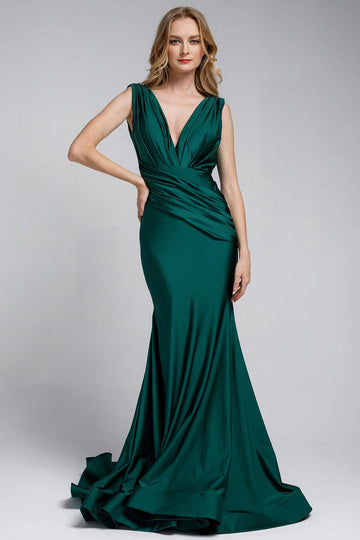 Elegant Mermaid Deep V-Neck Sleeveless Satin Floor-Length Ruched Waist Evening Gown
