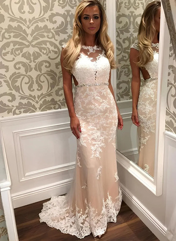Elegant Mermaid High Neck Cap Sleeve Backless Floor Length Prom Dress