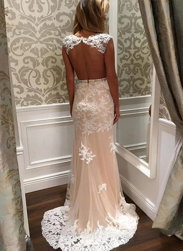 Elegant Mermaid High Neck Cap Sleeve Backless Floor Length Prom Dress