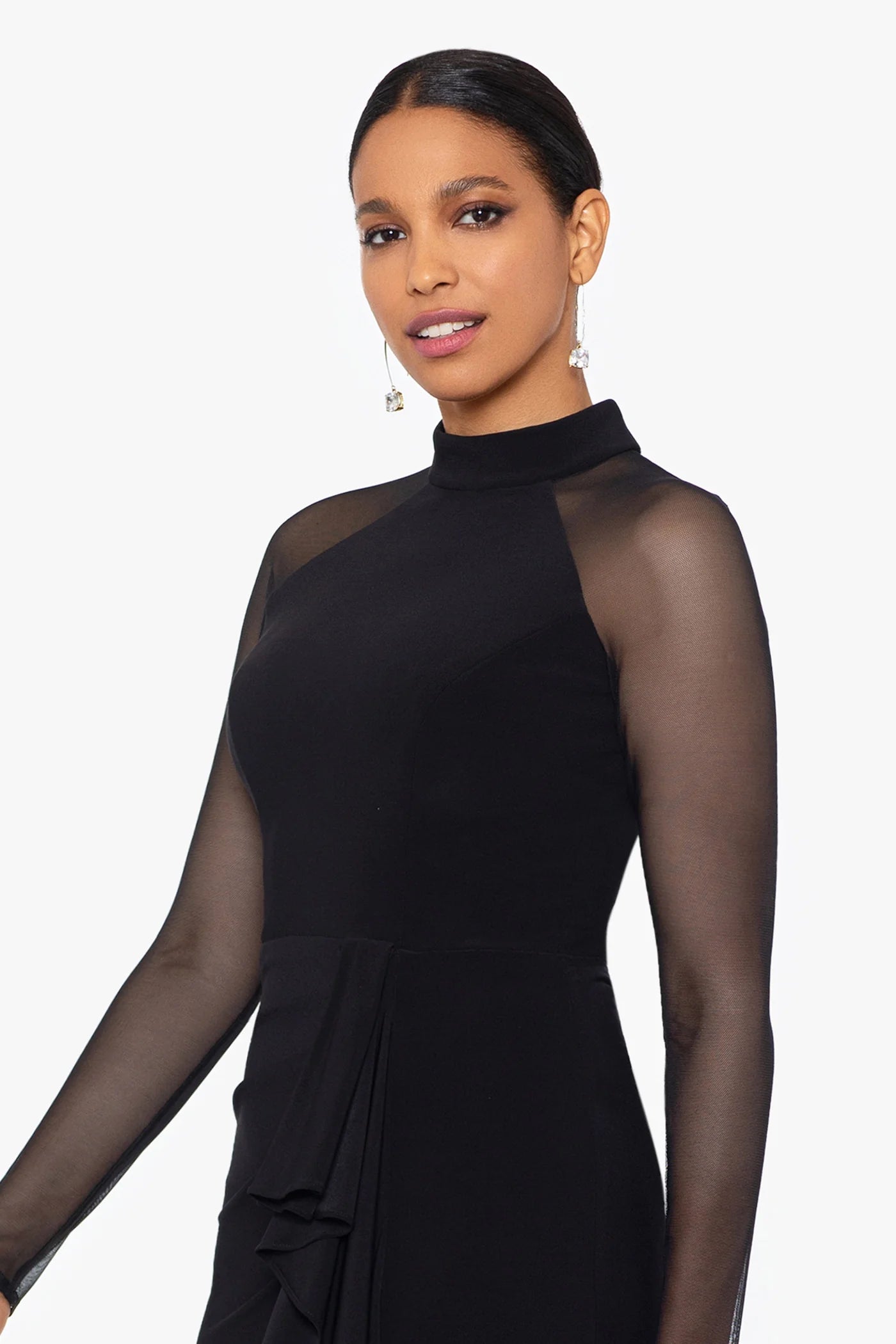 Elegant Mermaid High Neck Mesh Sleeve Ruffle Maxi Gown Mother of the Bride Dress
