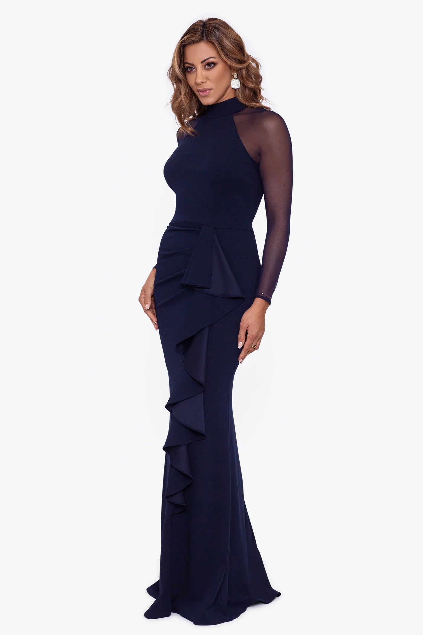 Elegant Mermaid High Neck Mesh Sleeve Ruffle Maxi Gown Mother of the Bride Dress