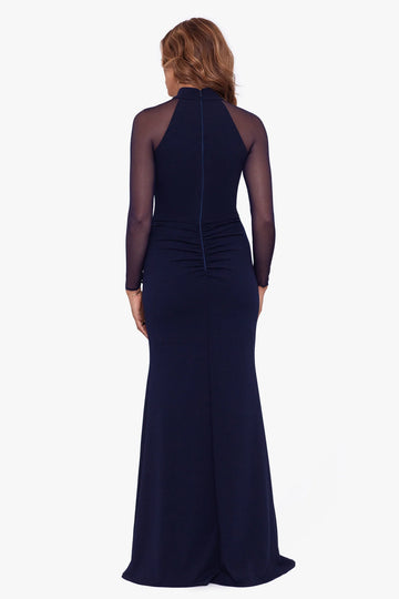 Elegant Mermaid High Neck Mesh Sleeve Ruffle Maxi Gown Mother of the Bride Dress