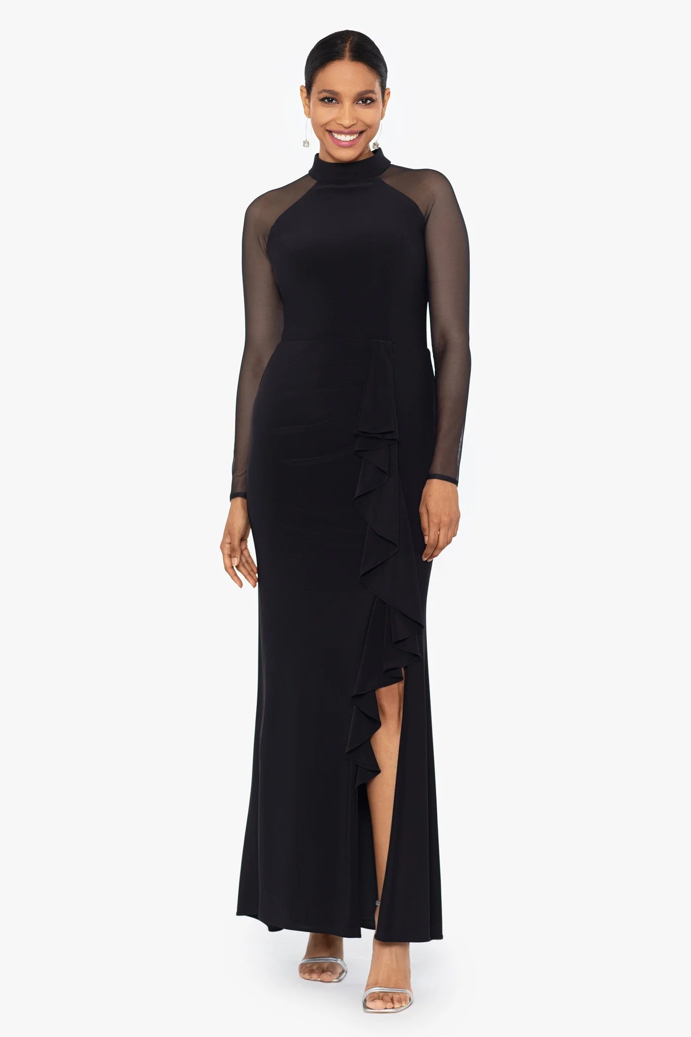 Elegant Mermaid High Neck Mesh Sleeve Ruffle Maxi Gown Mother of the Bride Dress