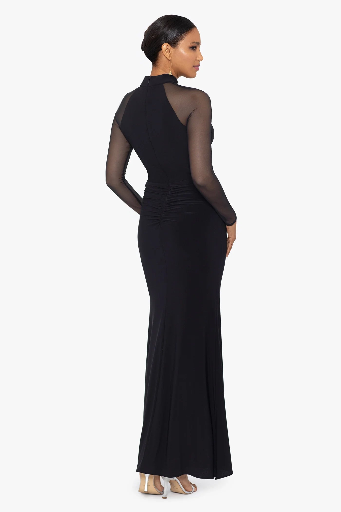 Elegant Mermaid High Neck Mesh Sleeve Ruffle Maxi Gown Mother of the Bride Dress