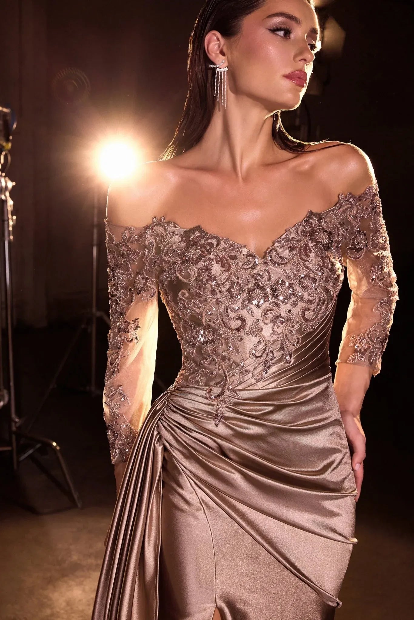 Elegant Mermaid Off-the-Shoulder Three-Quarter-Sleeve Satin Evening Dress Beaded Lace Mother-of-the-Bride Gown