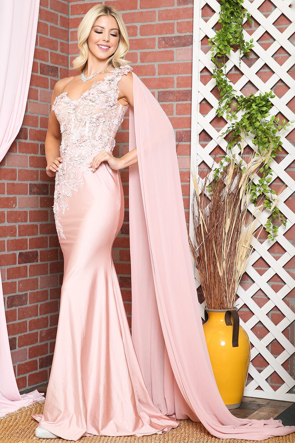 Elegant Mermaid One-Shoulder Cape Sleeve Satin Lace Floor-Length 3D Floral Evening Gown