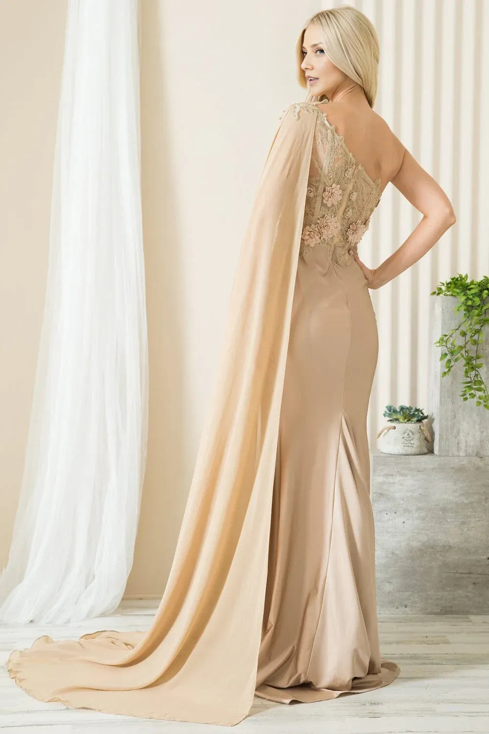 Elegant Mermaid One-Shoulder Cape Sleeve Satin Lace Floor-Length 3D Floral Evening Gown