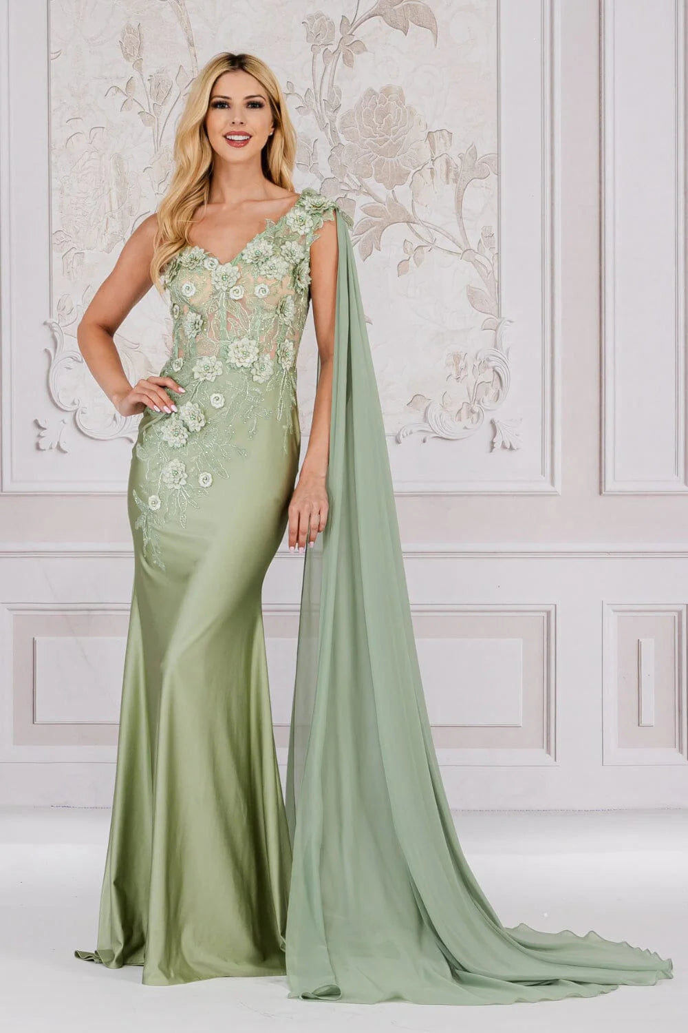 Elegant Mermaid One-Shoulder Cape Sleeve Satin Lace Floor-Length 3D Floral Evening Gown