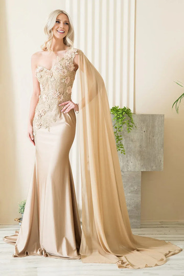 Elegant Mermaid One-Shoulder Cape Sleeve Satin Lace Floor-Length 3D Floral Evening Gown