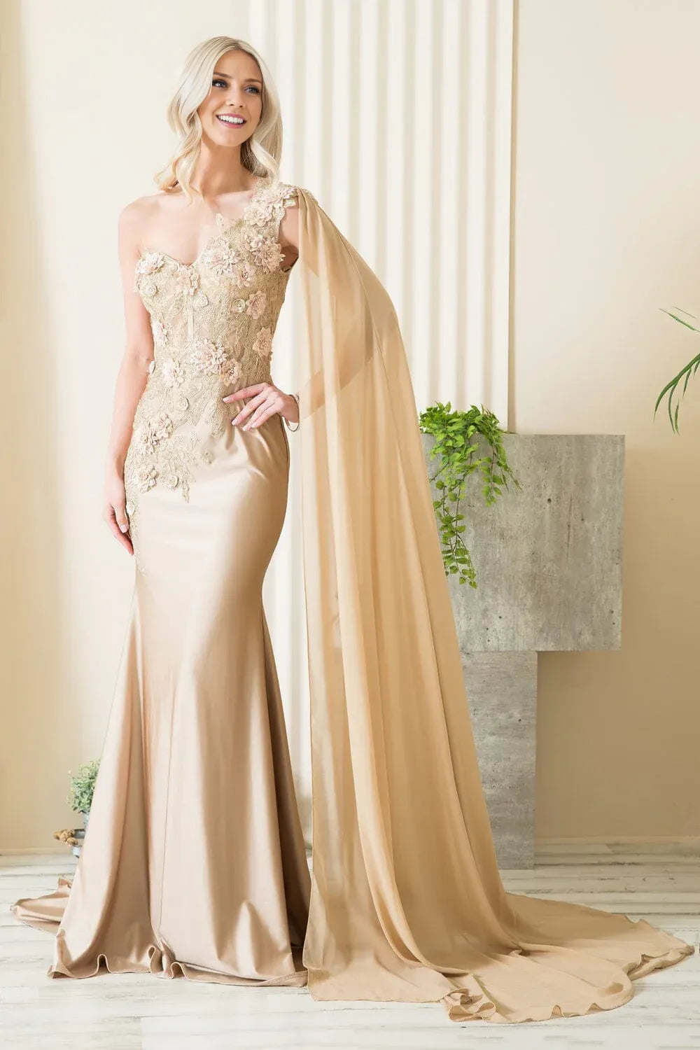 Elegant Mermaid One-Shoulder Cape Sleeve Satin Lace Floor-Length 3D Floral Evening Gown