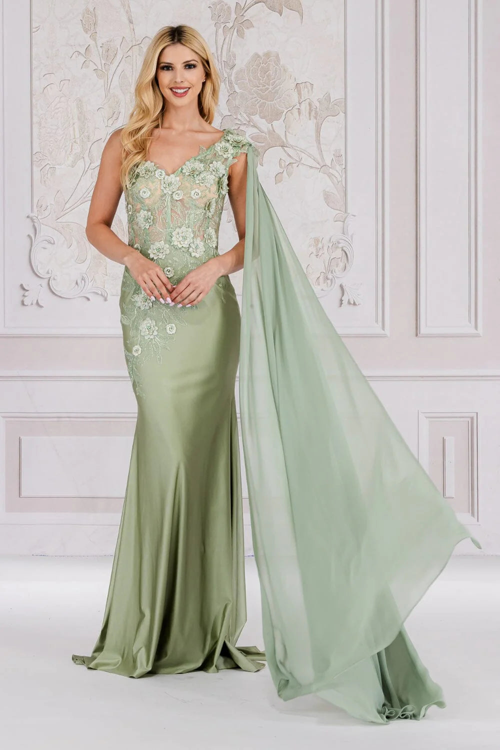 Elegant Mermaid One-Shoulder Cape Sleeve Satin Lace Floor-Length 3D Floral Evening Gown