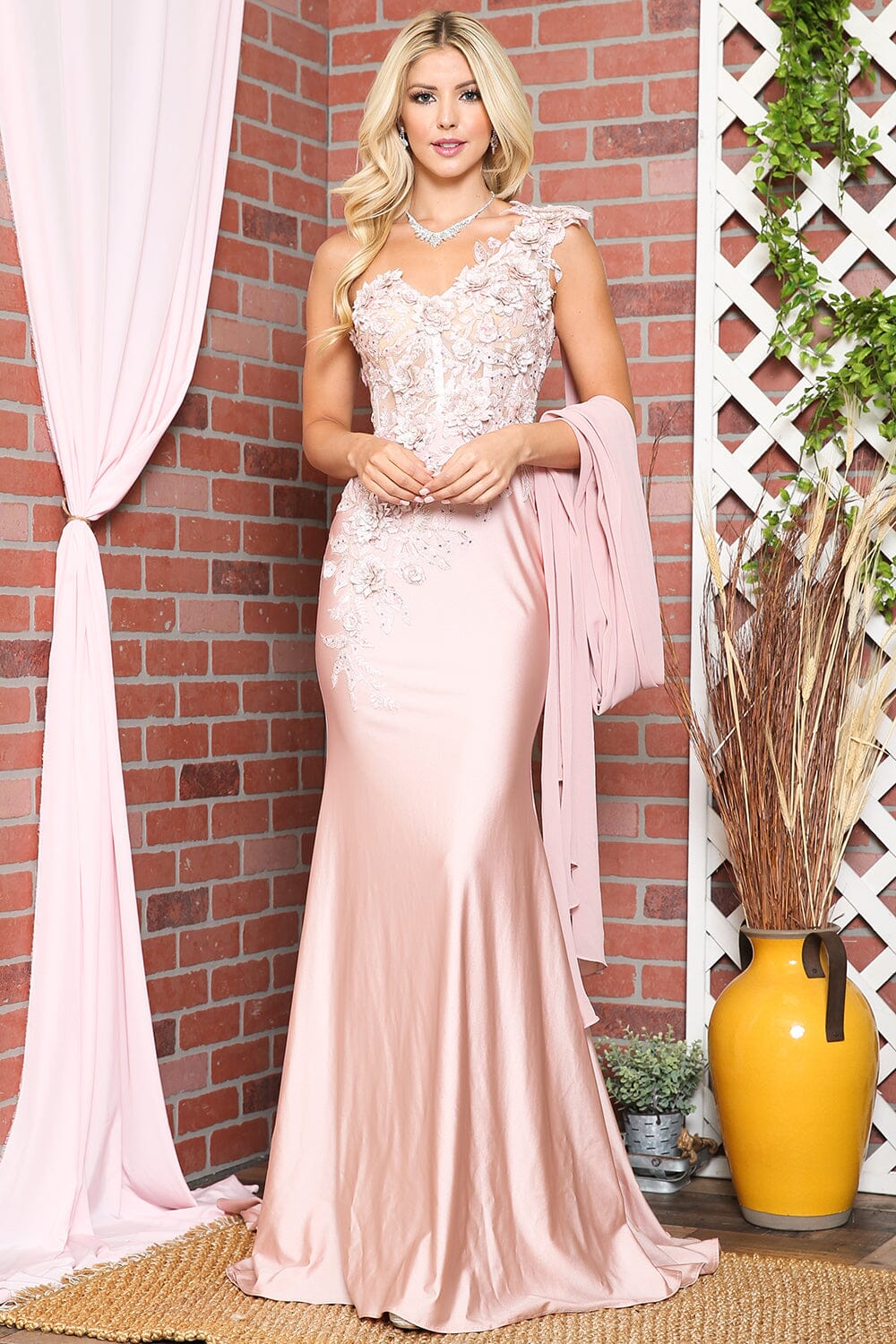 Elegant Mermaid One-Shoulder Cape Sleeve Satin Lace Floor-Length 3D Floral Evening Gown