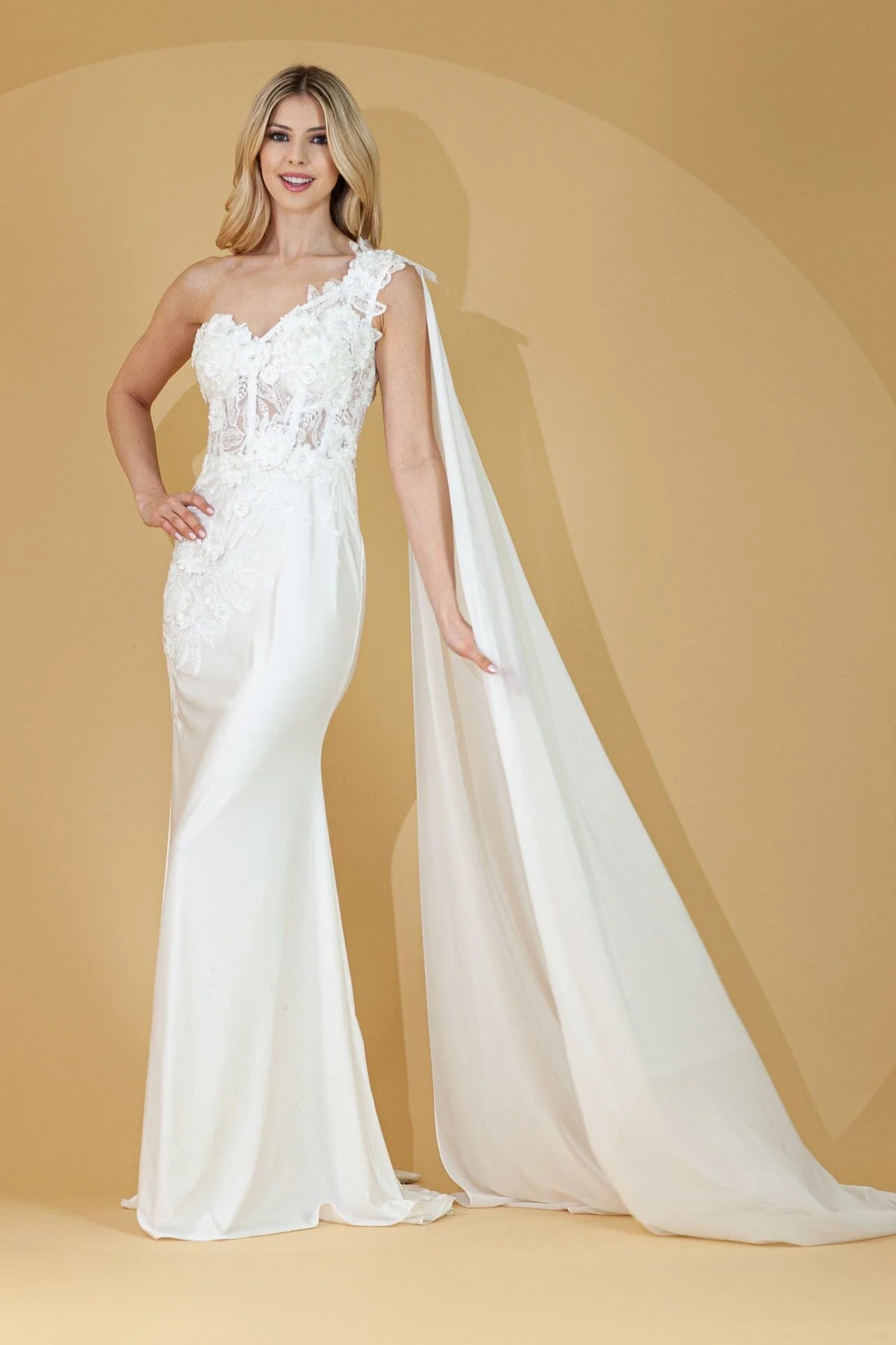 Elegant Mermaid One-Shoulder Cape Sleeve Satin Lace Floor-Length 3D Floral Evening Gown