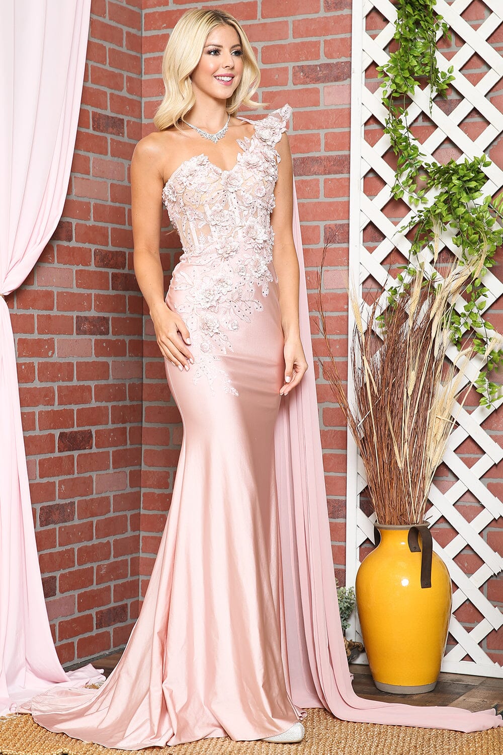 Elegant Mermaid One-Shoulder Cape Sleeve Satin Lace Floor-Length 3D Floral Evening Gown