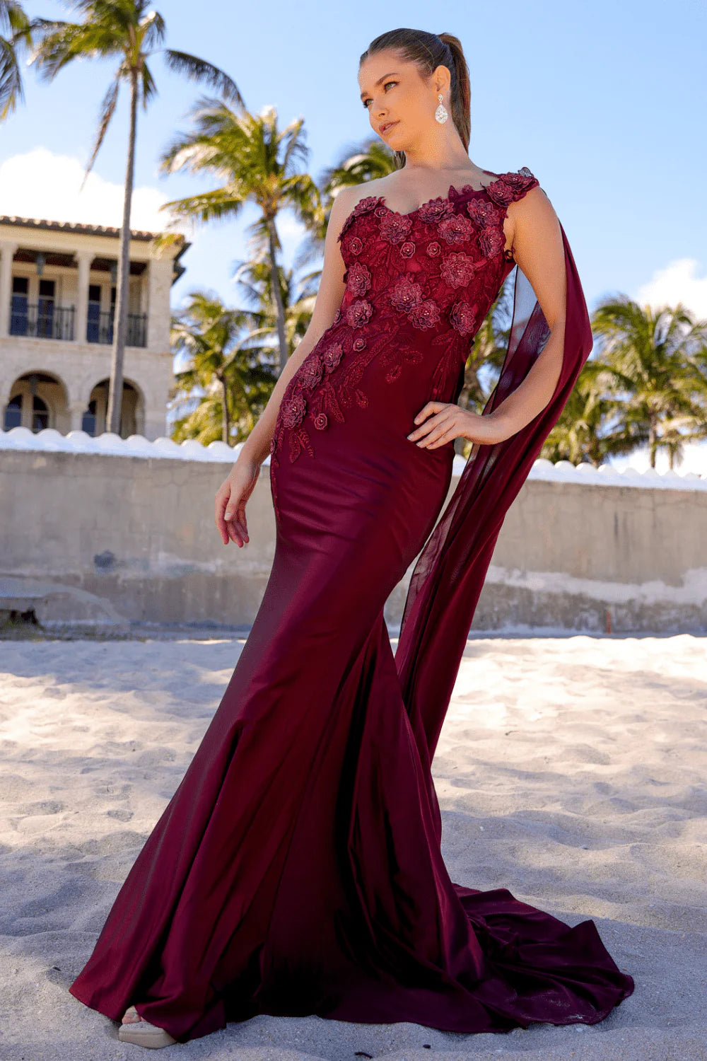 Elegant Mermaid One-Shoulder Cape Sleeve Satin Lace Floor-Length 3D Floral Evening Gown