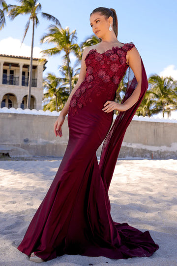 Elegant Mermaid One-Shoulder Cape Sleeve Satin Lace Floor-Length 3D Floral Evening Gown