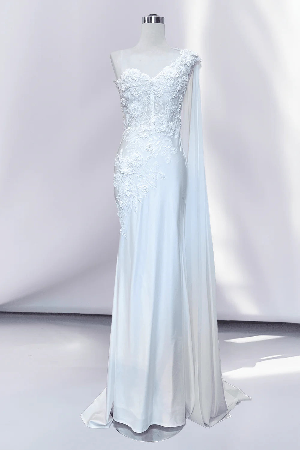 Elegant Mermaid One-Shoulder Cape Sleeve Satin Lace Floor-Length 3D Floral Evening Gown