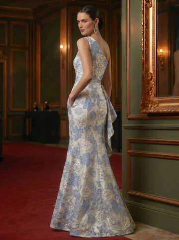 Elegant Mermaid One-Shoulder Sleeveless Jacquard Mother of the Bride Dress Cascading Ruffle Evening Gown