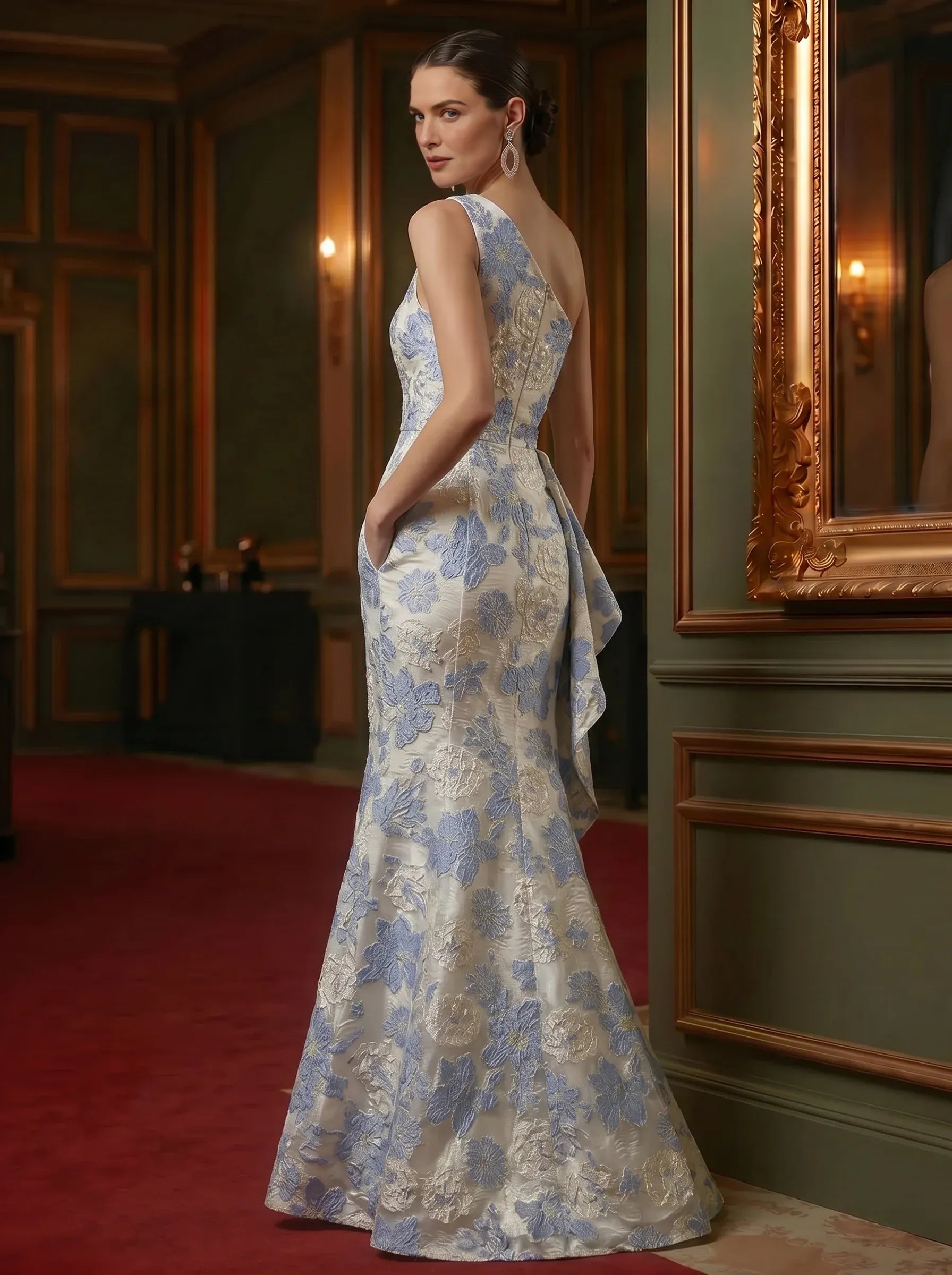 Elegant Mermaid One-Shoulder Sleeveless Jacquard Mother of the Bride Dress Cascading Ruffle Evening Gown