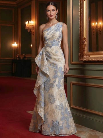 Elegant Mermaid One-Shoulder Sleeveless Jacquard Mother of the Bride Dress Cascading Ruffle Evening Gown