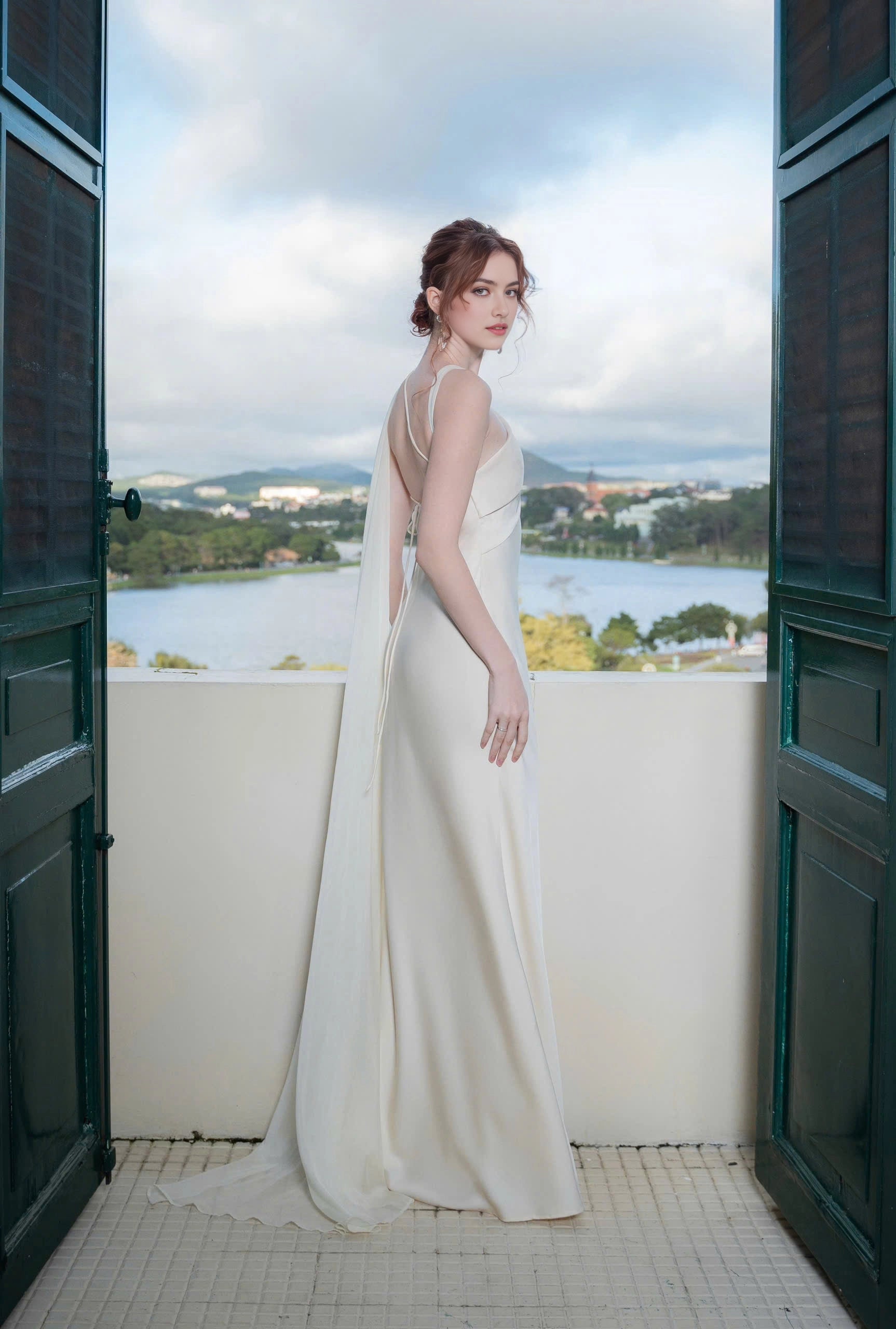 Back view of Vedress lace‑up open‑back bridal gown one‑shoulder floor‑length wedding dress