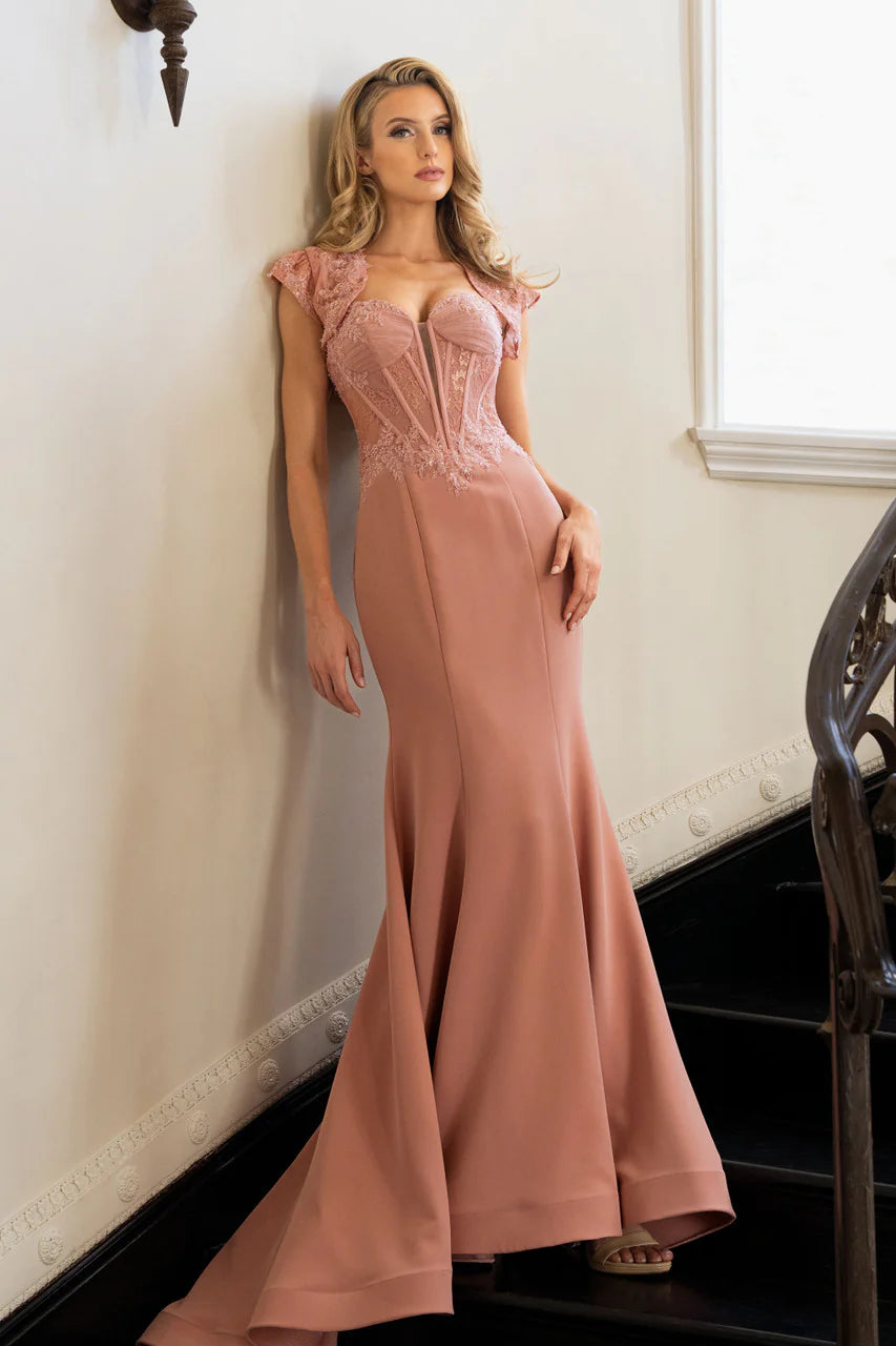 Elegant Mermaid Plunge Neck Cap-Sleeve Beaded Lace Appliques Crepe Floor-Length Corset Wedding Gown