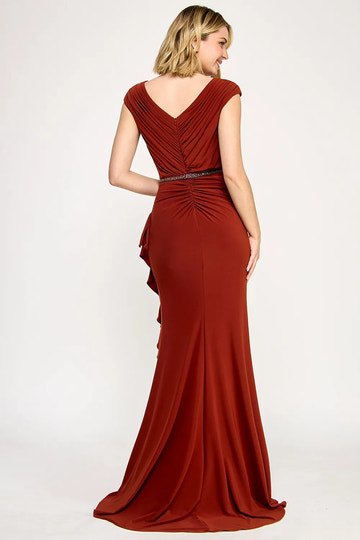 Elegant Mermaid V-Neck Cap Sleeve Floor-Length Beaded Waist Ruffle Evening Gown